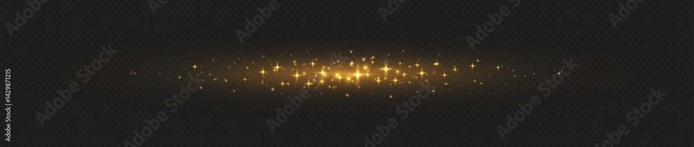 Golden glowing line with stars and sparkles. Flash effect with shiny magic star glitter. Neon beam with particles. Vector illustration.