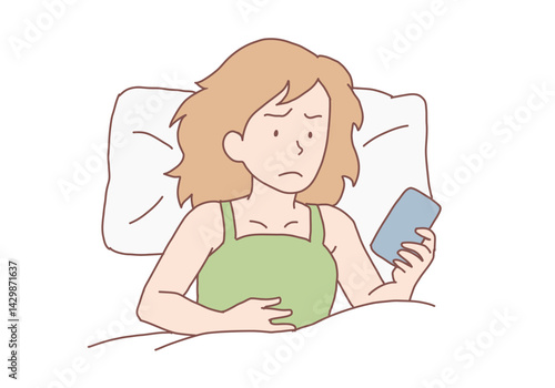 A tired, sad, sleepless girl lies on the bed holding a smartphone and has insomnia and tries to fall asleep. Hand drawn style vector design illustrations.