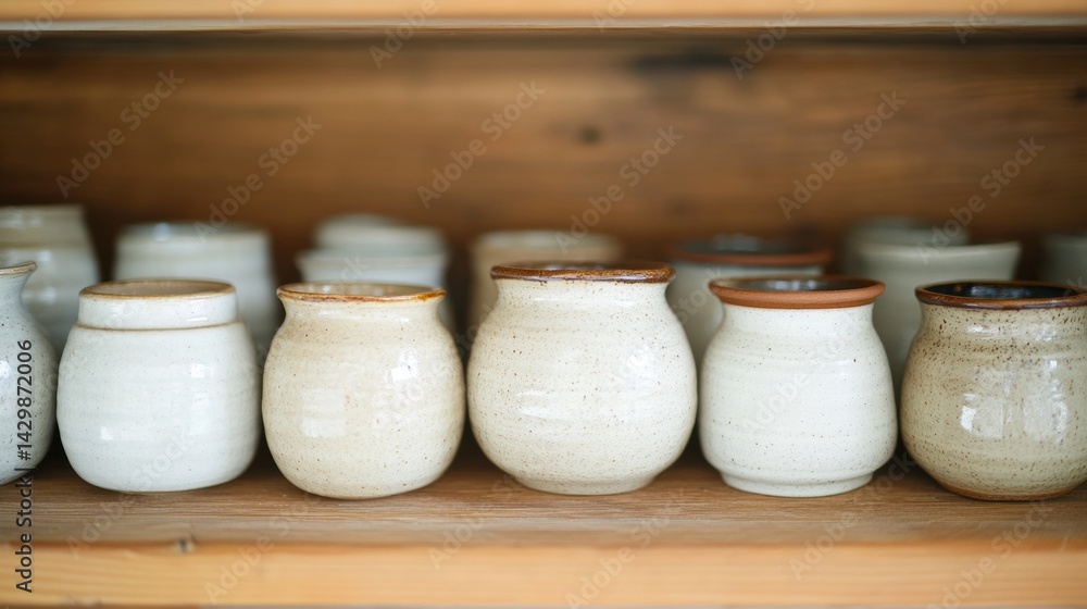 Ceramic jars with natural textures and simple designs are lined up on wooden shelves, highlighting artisan craftsmanship in a pottery studio Ceramic jars with natural textures and simple designs are lined up on wooden shelves, highlighting artisan craftsmanship in a pottery studio
