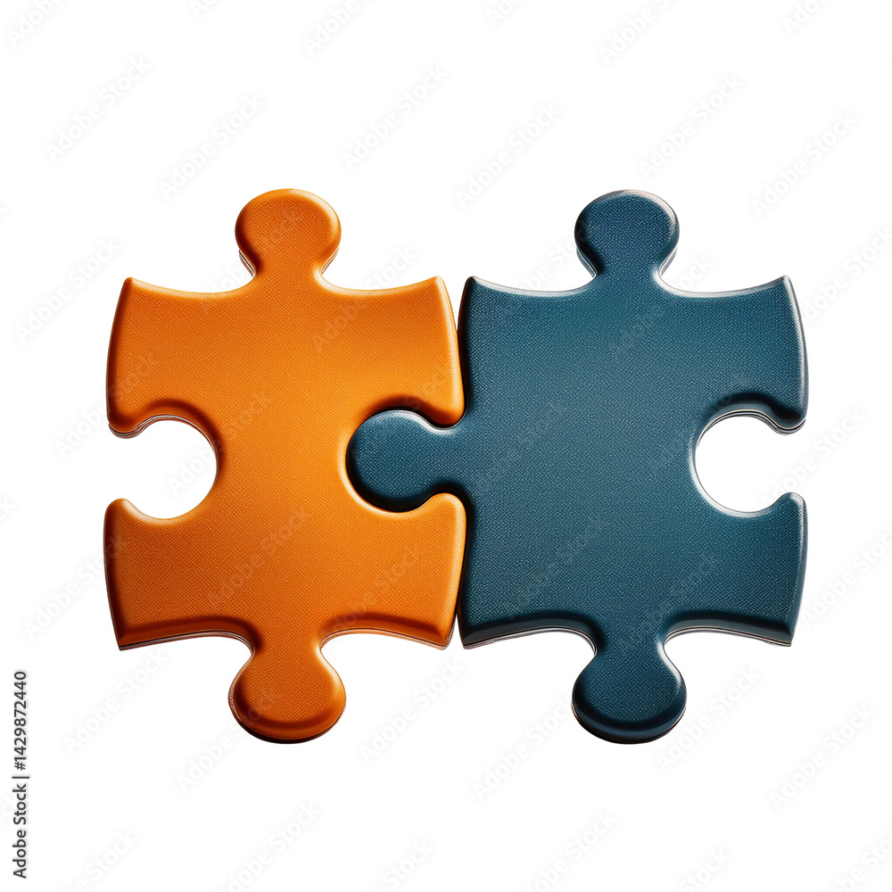Two puzzles that are connected to each other, isolated on transparent background