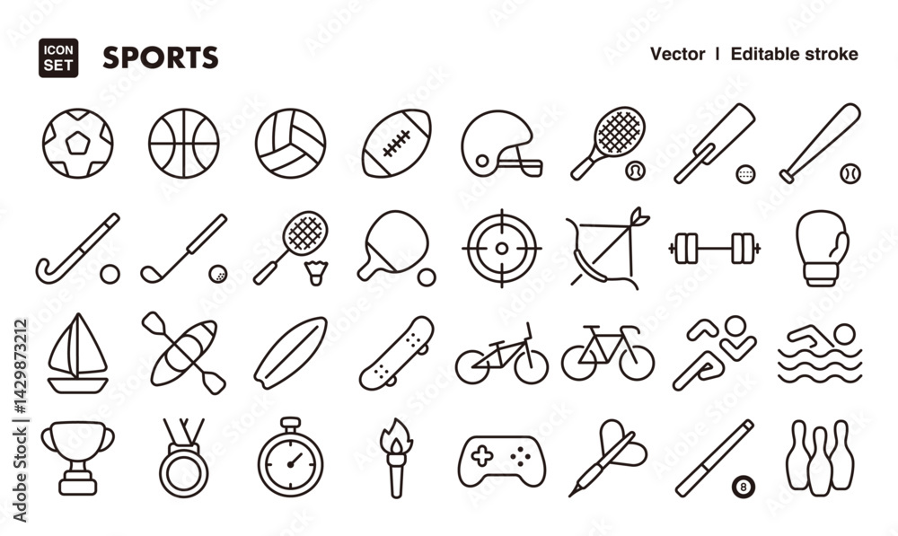 Fototapeta premium Sports line icon set. Vector editable stroke icon.