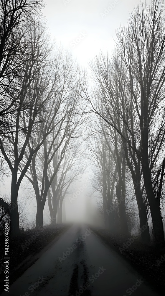 Obraz premium Foggy Asphalt Road Vanishing Between Leafless Trees Silhouetted in Atmospheric Mist