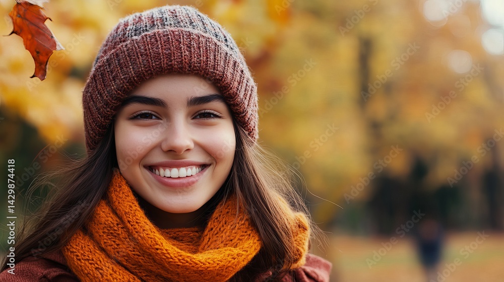 Portrait of a smiling woman with a beanie and scarf in an autumn park with falling leaves around her Portrait of a smiling woman with a beanie and scarf in an autumn park with falling leaves around her