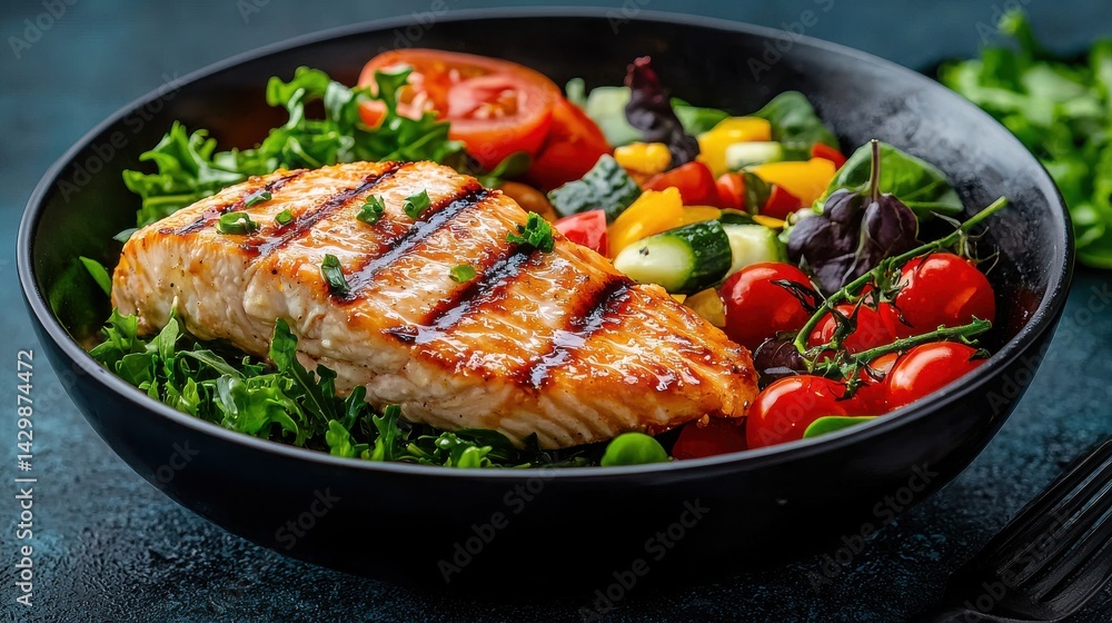 Delicious Grilled Salmon Fillet Served on a Bed of Fresh Greens with Colorful Mixed Vegetables and Cherry Tomatoes in Elegant Black Bowl Delicious Grilled Salmon Fillet Served on a Bed of Fresh Greens with Colorful Mixed Vegetables and Cherry Tomatoes in Elegant Black Bowl