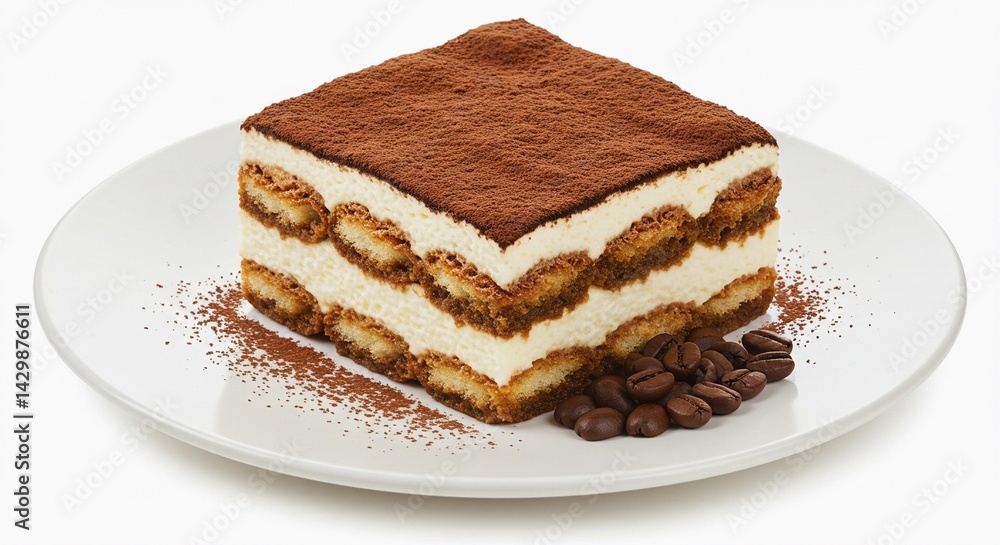 A square piece of tiramisu on a white plate with coffee beans and cocoa powder decoration on the side A square piece of tiramisu on a white plate with coffee beans and cocoa powder decoration on the side