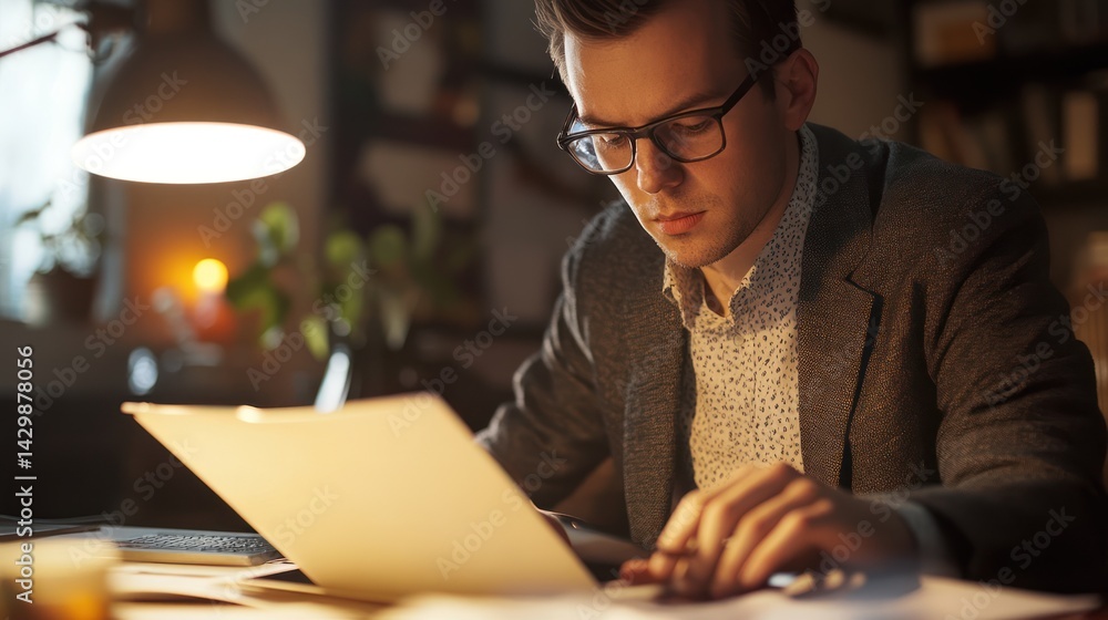 Young professional engrossed in paperwork illuminated by warm desk light Young professional engrossed in paperwork illuminated by warm desk light