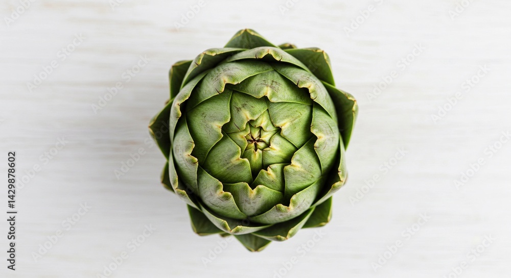 Fototapeta premium Overhead view of a single green artichoke on a white wooden surface in a studio setting with soft light