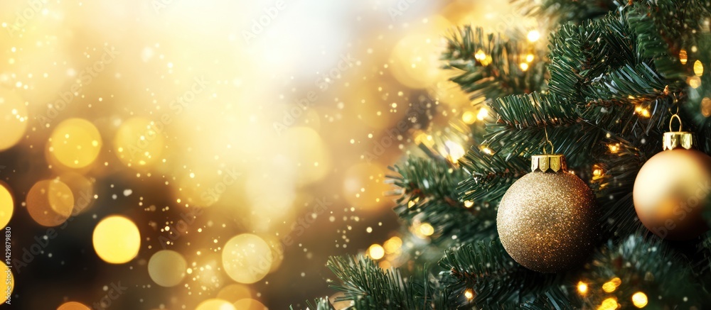 Christmas tree with golden ornaments and bokeh lights creating a festive atmosphere Christmas tree with golden ornaments and bokeh lights creating a festive atmosphere