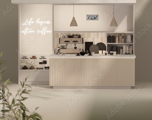 MInimal Coffee shop restaurant design modern style, white counter and gloss beige background ,Wall back counter pastel decor. 3d render	