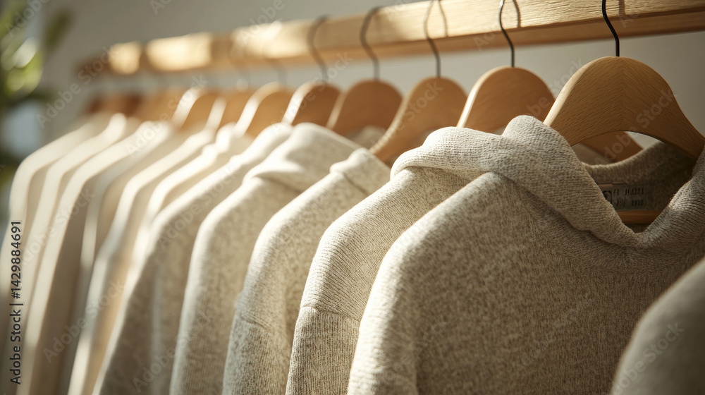 Fototapeta premium Beige casual garments neatly lined up on wooden hangers, with blank space for design or branding