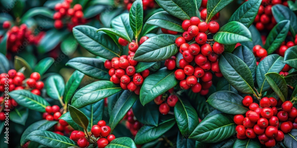 Obraz premium Lush greenery with vibrant clusters of red berries adorning the branches, a captivating display of nature's artistry.