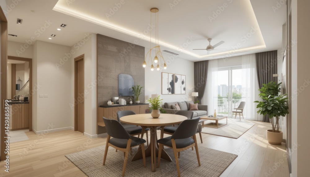 Fototapeta premium Modern Apartment Interior Design: Open-Plan Living Room and Dining Area with Neutral Tones and Natural Light