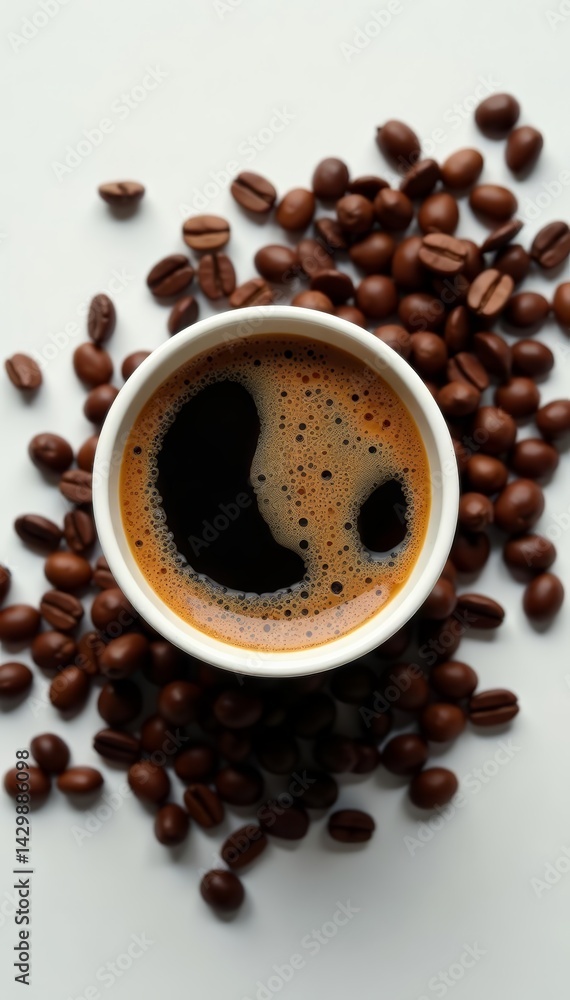 Top view of a freshly brewed coffee in a disposable cup, surrounded by scattered coffee beans, beans, hot, morning