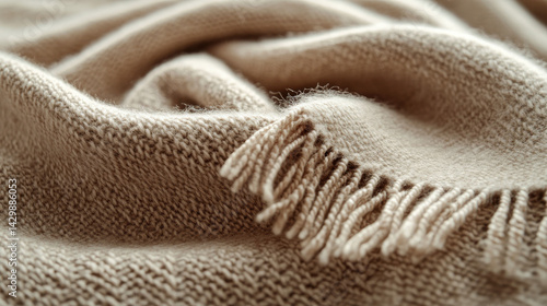 Close-up of light brown cashmere blanket fringes, showcasing texture and softness