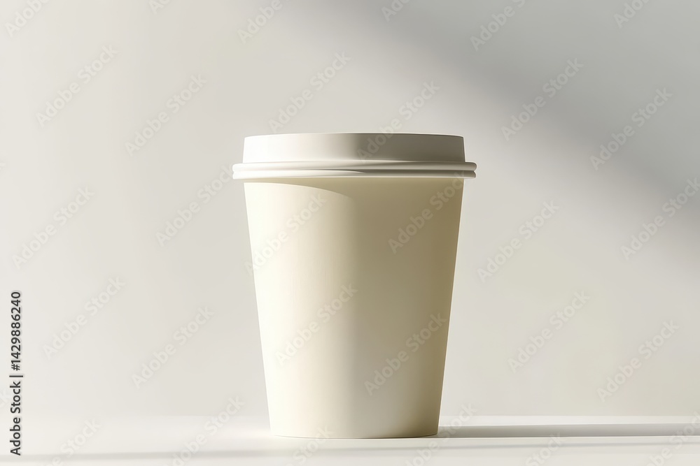A blank, white disposable coffee cup stands under soft, diffused light. A blank, white disposable coffee cup stands under soft, diffused light.