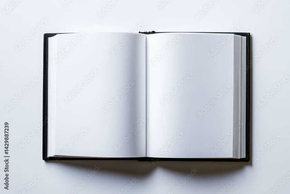 Open, black leather-bound notebook, displaying blank pages. Open, black leather-bound notebook, displaying blank pages.