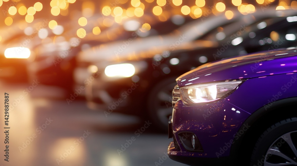 Rows of cars, including a striking purple model, shine under warm lighting in a bustling showroom at night Rows of cars, including a striking purple model, shine under warm lighting in a bustling showroom at night