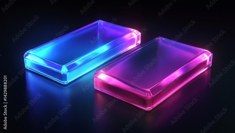 Two glowing, rectangular, transparent blocks in vibrant neon colors Two glowing, rectangular, transparent blocks in vibrant neon colors