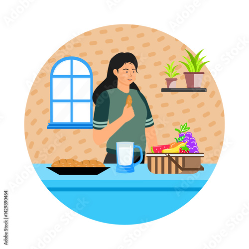 Healthy breakfast. Happy woman having breakfast in cozy bright modern kitchen.