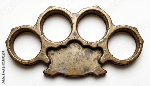 set of brass knuckles with worn metallic finish, showcasing rugged design and unique texture. This item evokes sense of strength and resilience