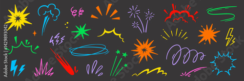 Speed effect comic motion line element set. Comic power motion, dynamite explosive energy, line speed cartoon vector icon. Hand drawn sketch doodle action effect. Vector illustration