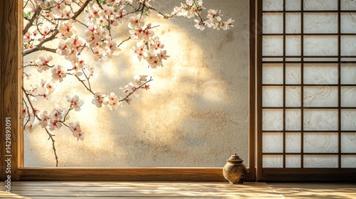 Serene Interior View Featuring Cherry Blossom Branch and Shoji Screen