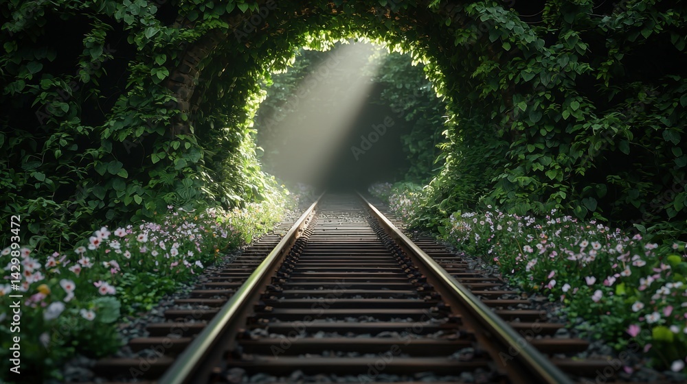 Obraz premium Forgotten Railway Tunnel Wrapped in Ivy with Flowering Plants and Sunlight Streaming Through