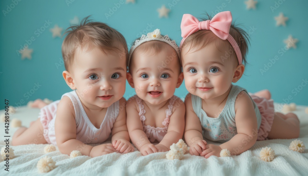 Three Babies Lying on Bed Smiling Together in Studio Three Babies Lying on Bed Smiling Together in Studio