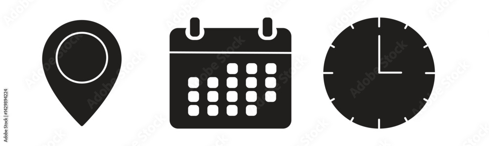 Time, calendar, location icon set. Clock, pin, date signs. Time, calendar, location icon set. Clock, pin, date signs.