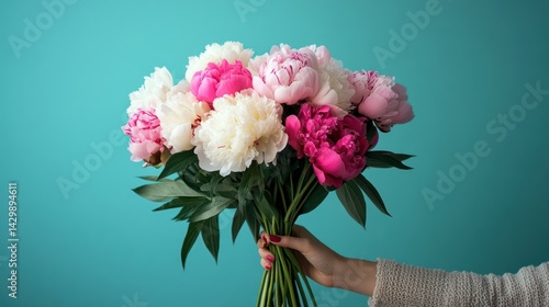 Elegant peony bouquet in shades of pink and white against a teal backdrop
