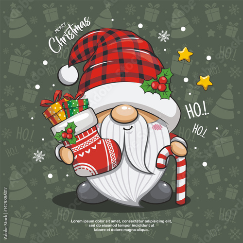 Cute Gnome Santa Claus With Christmas Sock On Green Background. Cartoon Illustration