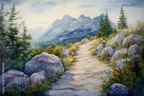 A watercolor painting depicts a mountain landscape with a winding path