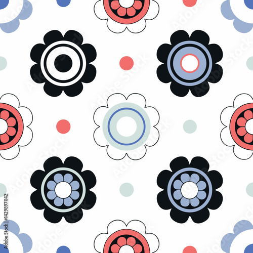 Seamless Vector Modern Background, Floral pattern with colorful flowers and dots, featuring black, red, blue, and white elements, creating vibrant design, on white background, commercial use
