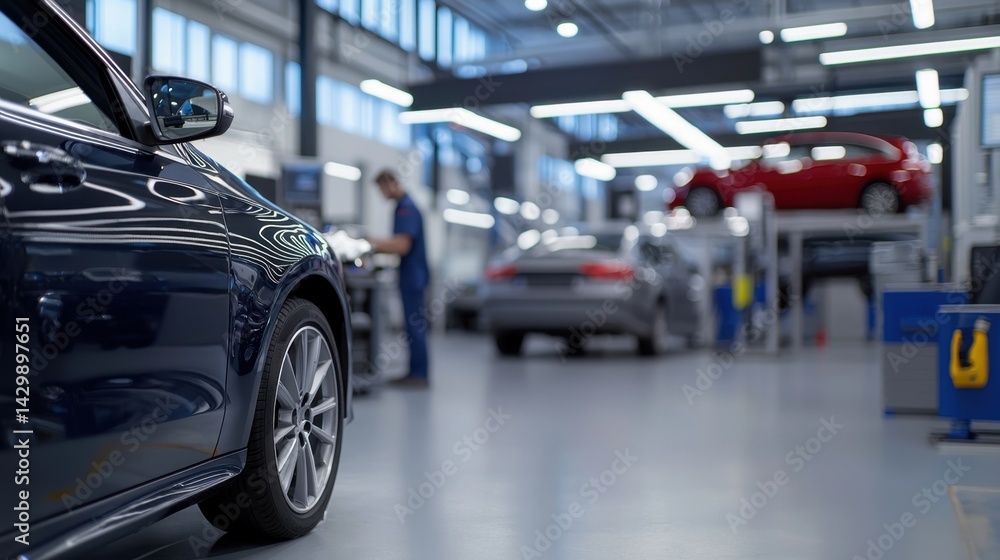 Modern Car Service Bay with Technicians Working in a Bright Garage Environment Modern Car Service Bay with Technicians Working in a Bright Garage Environment