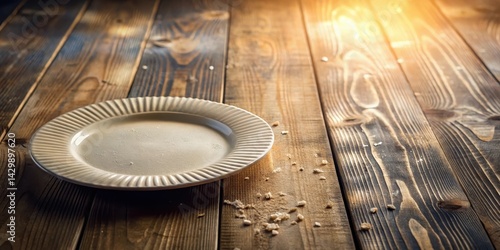 Empty ceramic plate on rustic wooden surface with bread crumbs
