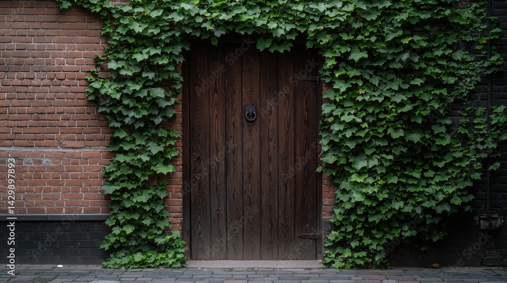 Mysterious Old Door Surrounded by Lush Ivy in a Vintage Brick Alleyway Mysterious Old Door Surrounded by Lush Ivy in a Vintage Brick Alleyway