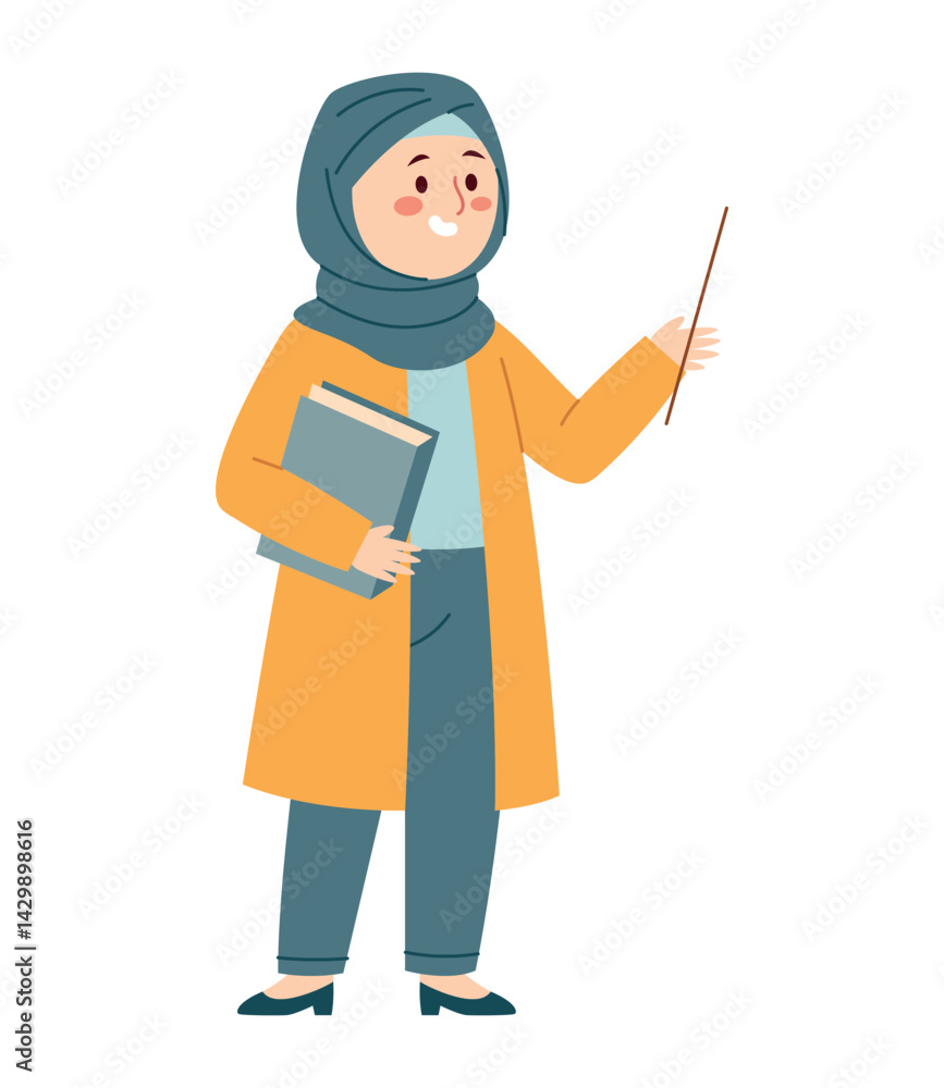 Hijab Teacher Education Book Pointing Character Muslim Classroom School