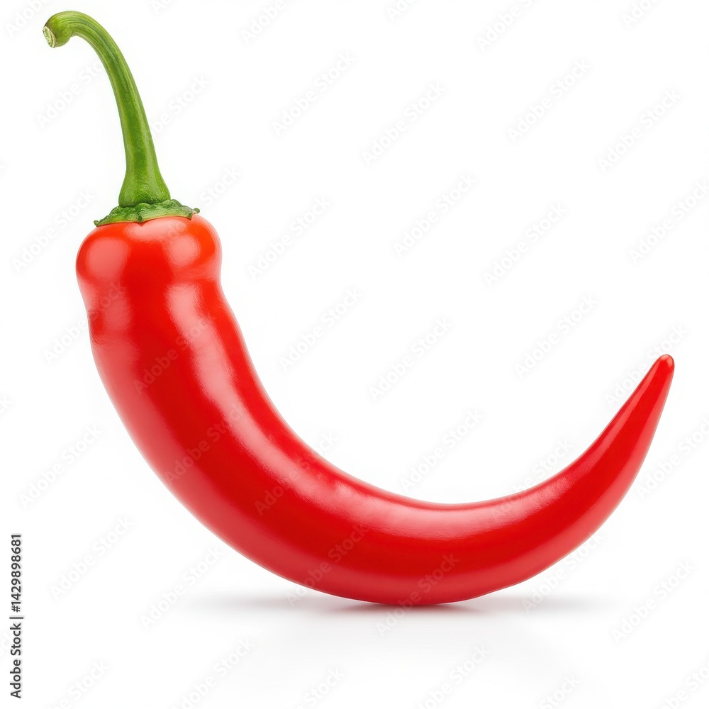 A single vibrant red chili pepper with a green stem isolated on a plain white background studio shot A single vibrant red chili pepper with a green stem isolated on a plain white background studio shot