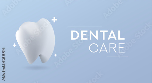 Realistic 3D vector illustration of a white healthy tooth with clean blue background and plus symbols. Perfect for dental care promotion, oral hygiene, clinic advertisement, or health campaign