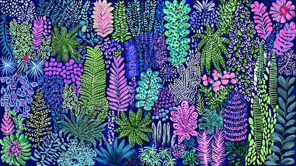 Fototapeta Vibrant tropical plants, lush foliage, dark background, nature wallpaper