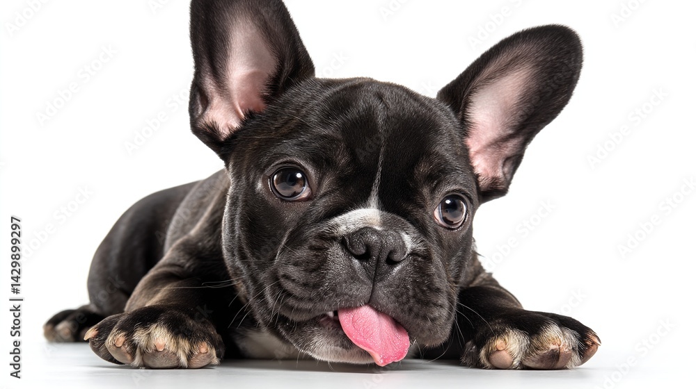 Adorable puppy with expressive eyes and a playful tongue sticking out, lying on a clean white surface. Pure puppy cuteness at its finest! Adorable puppy with expressive eyes and a playful tongue sticking out, lying on a clean white surface. Pure puppy cuteness at its finest!