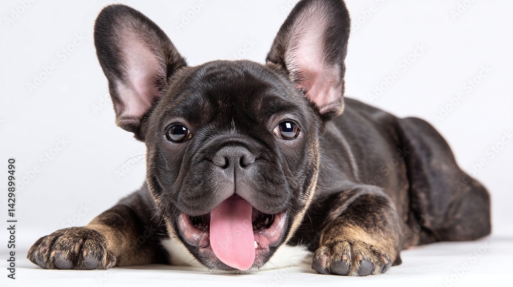 Adorable puppy with floppy ears and big eyes looks at the camera with tongue out. Pet with a shiny coat resting in a white background. Adorable puppy with floppy ears and big eyes looks at the camera with tongue out. Pet with a shiny coat resting in a white background.