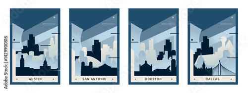 USA Texas state cities poster pack with skylines, landmarks of Austin, Houston, Dallas, San Antonio.. Vector vertical illustration set. US travel cover, brochure, flyer, leaflet