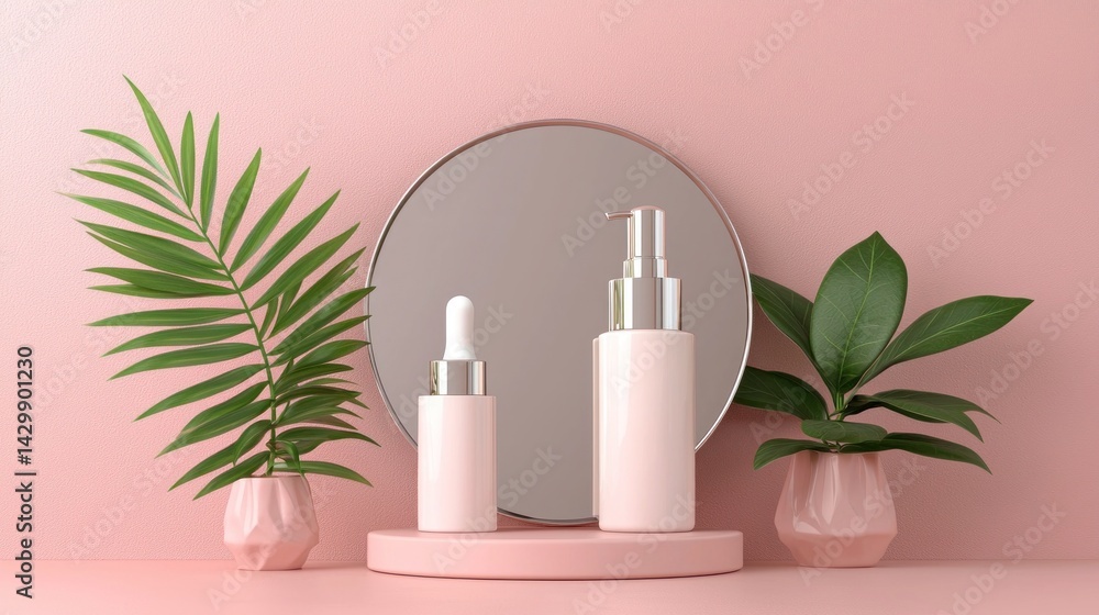 Minimalist Beauty Arrangement with Cosmetic Bottles and Greenery Minimalist Beauty Arrangement with Cosmetic Bottles and Greenery