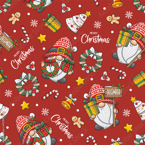 Seamless Pattern Christmas Gnome Santa Claus On Red Background, Cute Cartoon Illustration