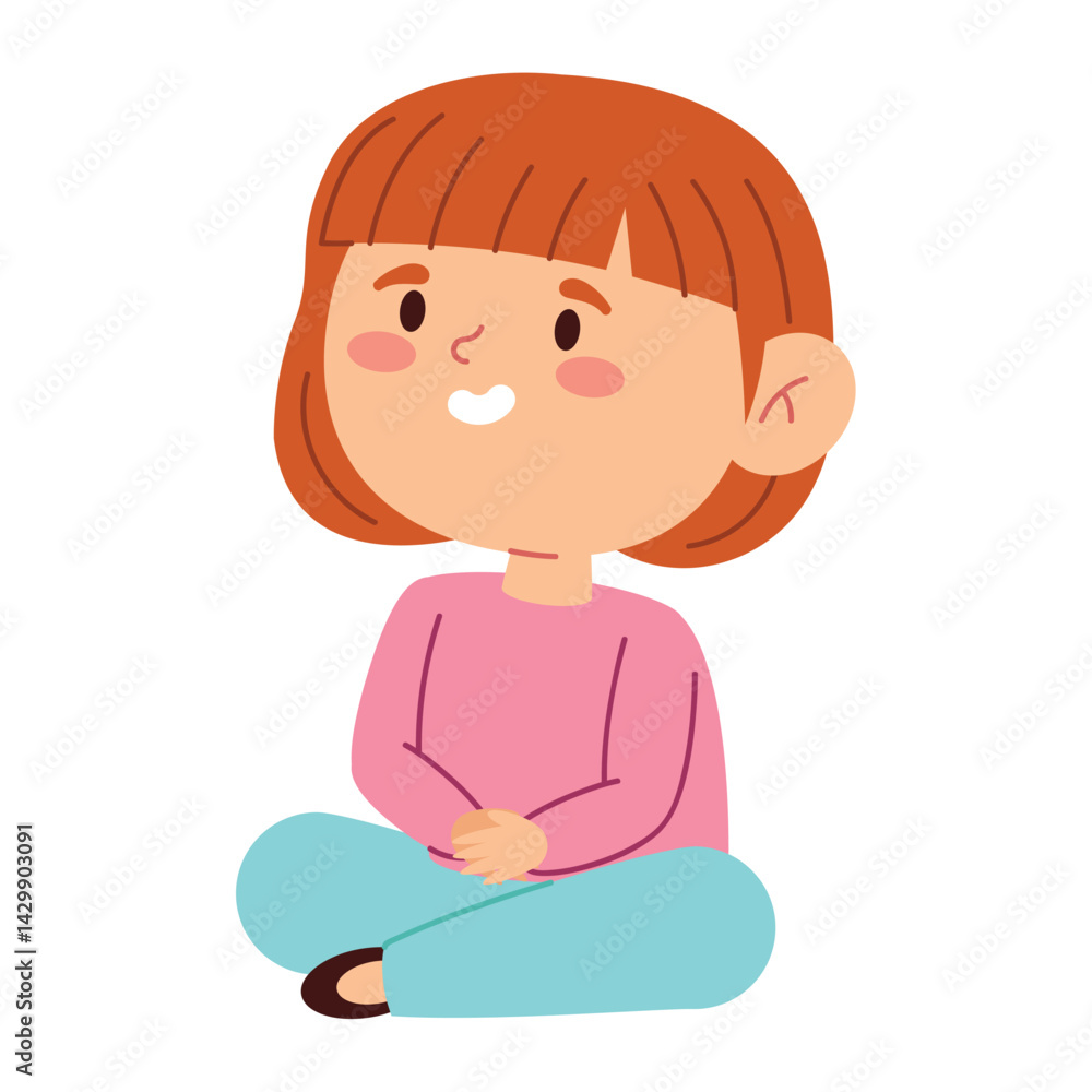 Preschool Girl Sitting Smile Character Classroom Education Cartoon Child