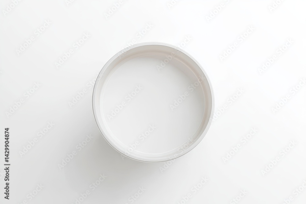 High-angle close-up view of an empty, round white bowl. High-angle close-up view of an empty, round white bowl.