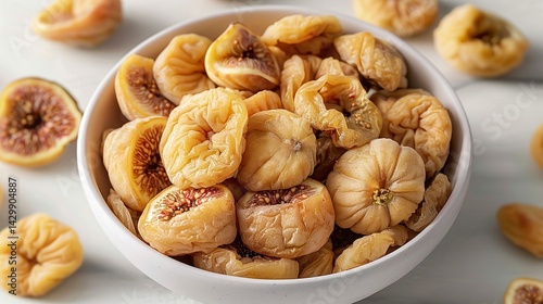 dried fig fruit in white bowl, flat lay, isolated in white background, Right space for Text or caption  