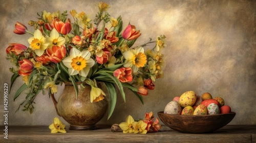Wallpaper Mural Vibrant spring flowers and eggs in a still life arrangement. Torontodigital.ca