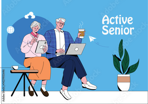 Techsavvy seniors enjoy modern life connected by devices coffee and digital communication in a bright spacious room